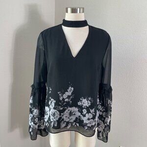 White House Black Market Womens 10 Floral Bell‎ Sleeve Choker Neck Blouse Shirt